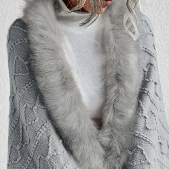 Gray Faux fur Trim Textured Knit Open front Sweater Cardigan - Picture 7 of 9